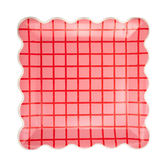 Red and Pink Grid Scallop Plate